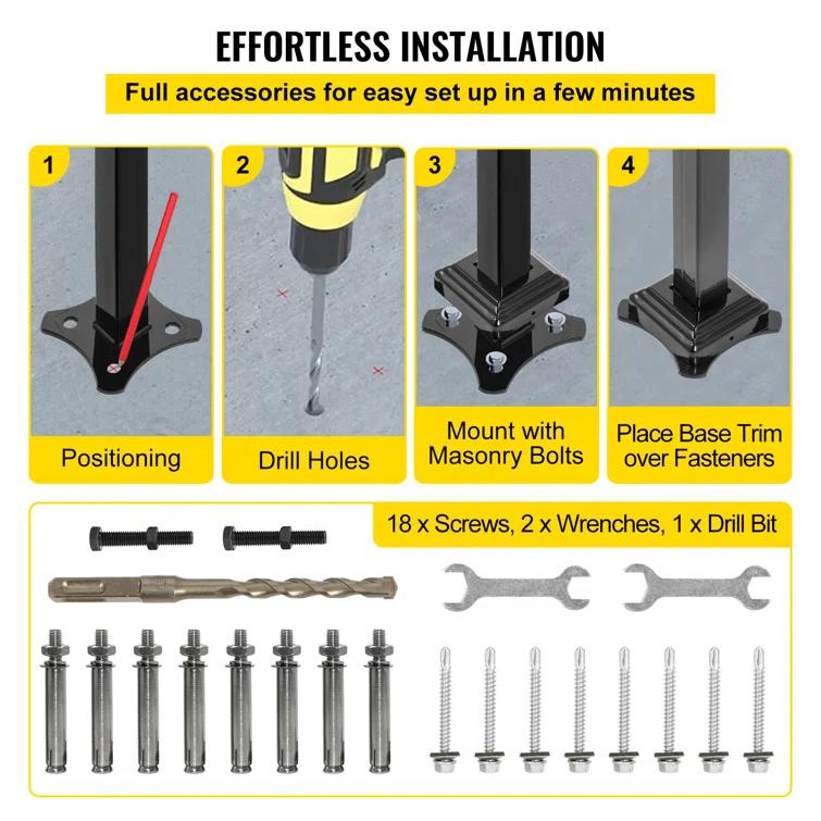 VEVOR 42.5" H x 19.7 " W x 6.3" D Adjustable Iron Handrail Black Fits 1 To 2 Steps Handrail Concrete Decor