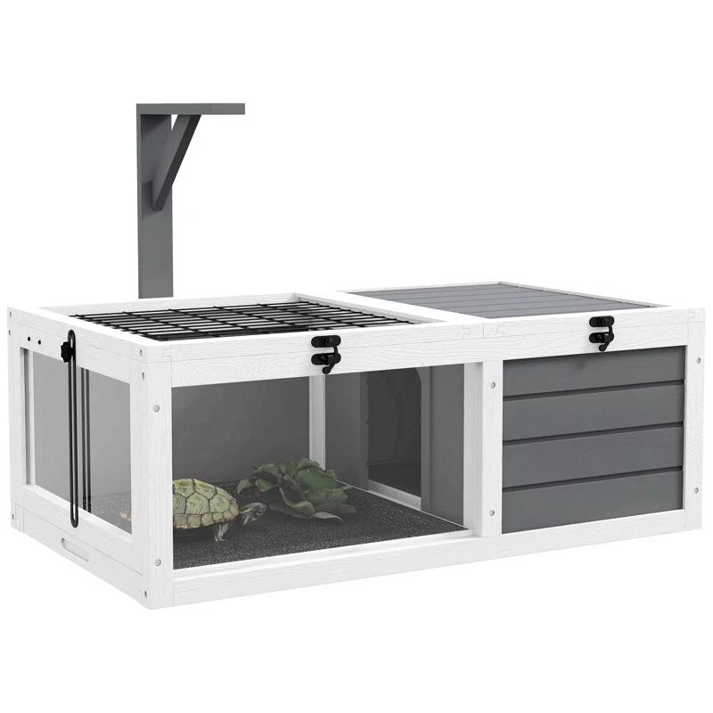 Tucker Murphy Pet™ Tortoise Habitat, Wooden Tortoise House, Indoor Outdoor Tortoise Enclosure With Lamp Holder, Pull-Out Waterproof Trays, Openable Lids, Gray