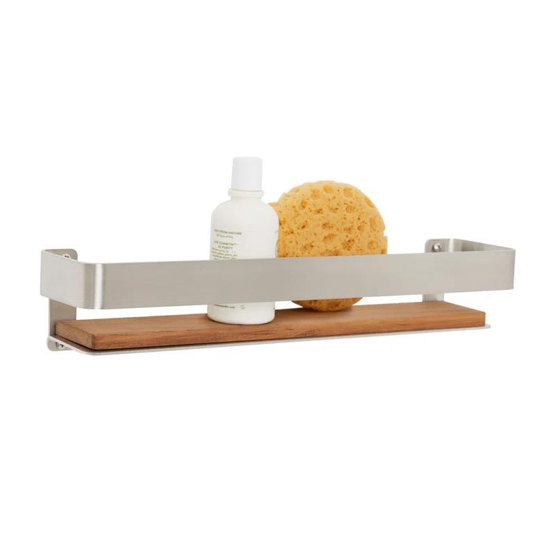 17 Stories Clet Wall Mount Stainless Steel Teak Wood Rectangular Bathroom Shelf
