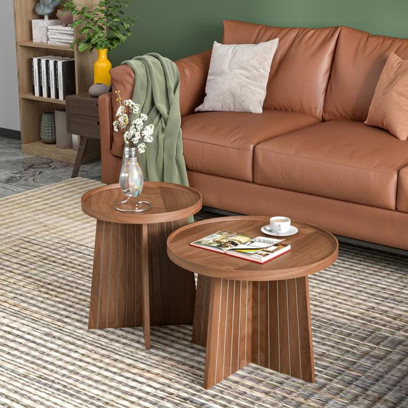 Gracie Oaks Round Fluted Nesting Coffee Table, 2 Piece Coffee Table Set For Living Room, Office, Balcony