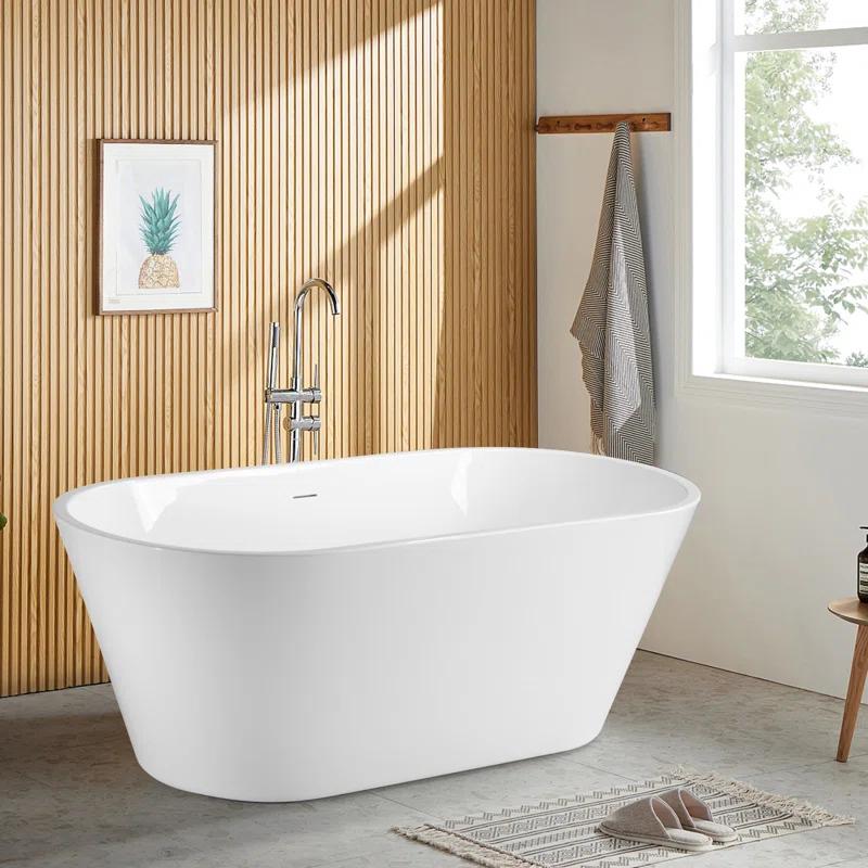55" Freestanding Soaking Acrylic Bathtub Contemporary Stand Alone Tub with Pop-Up Drain
