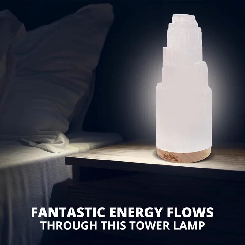 Himalayan Glow Selenite Crystal Lamp 20cm Large, Hand-Curved Crystal Lamp with Wooden Base - White