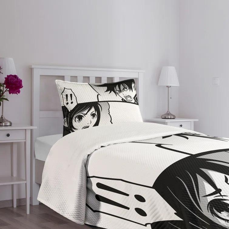 Ambesonne Ambesonne Anime Bedspread Set Japanese Cartoon Comic Black White Grey
