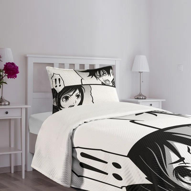 Ambesonne Ambesonne Anime Bedspread Set Japanese Cartoon Comic Black White Grey