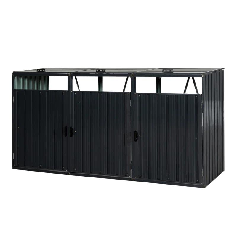 HLILish Garbage Bin Shed Stores 3 Trash Cans Metal Outdoor Bin Shed For Garbage Storage,Stainless Galvanized Steel, Bin Shed For Garden Yard Lawn