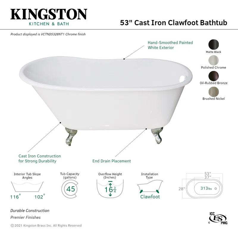 Kingston Brass Aqua Eden 53-Inch Cast Iron Oval Single Slipper Clawfoot Tub (No Faucet Drillings)