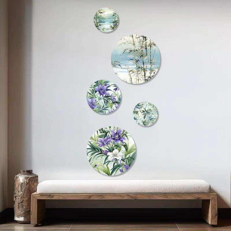 Design Art Green Purple Bamboo Serenade Tropical Pattern I - Floral Tropical Round Wall Art Set Of 5
