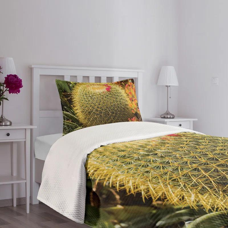 Ambesonne Ambesonne Flower Bedspread Set Cactus Plant with Spikes Green and Pink