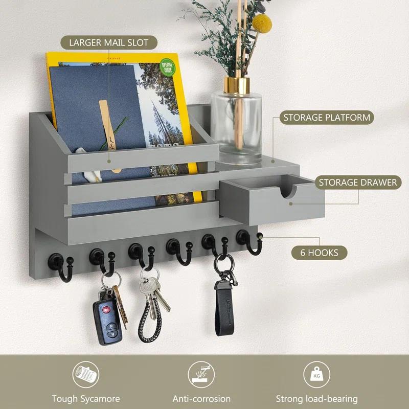 Winston Porter Wall Mount Key And Mail Organizer With 6 Hooks, Storage Drawer, Easy Installation For Entryway, Hallway, Home Decor
