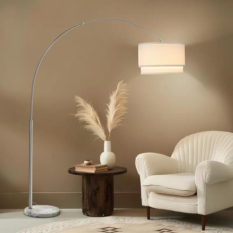 Mason 81 in. Modern Adjustable LED Arched Standing Floor Lamp with Fabric Drum Shade and Weighted Marble Base