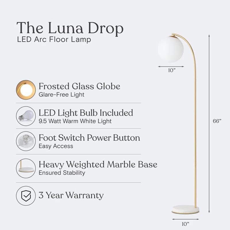 Brightech Luna Drop 75 in. Modern LED Arched Standing Floor Lamp with Frosted Glass Globe Shade