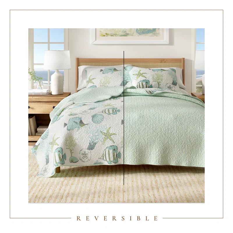 FreshFolds Blue / Green Fish & Seashell Quilt Set with Shams