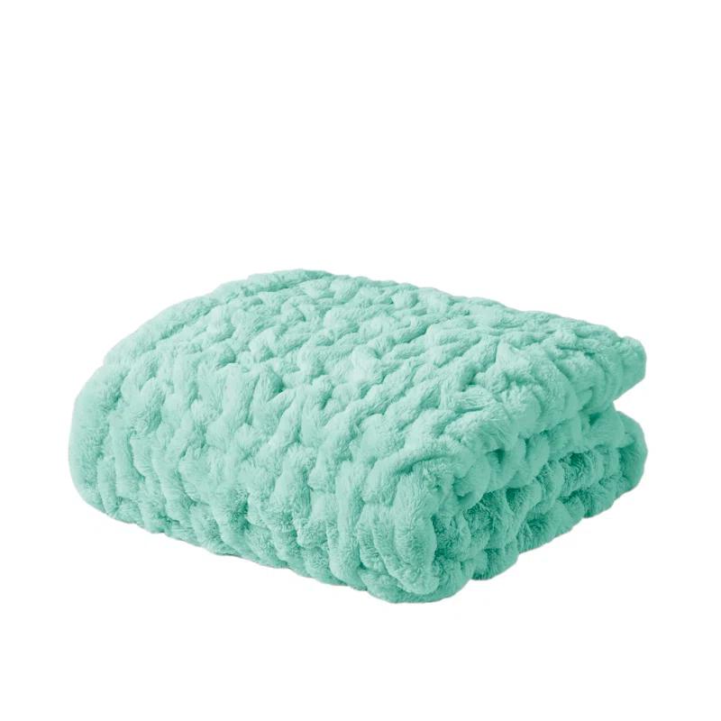 Madison Park Aqua Ruched Fur Throw 50x60"