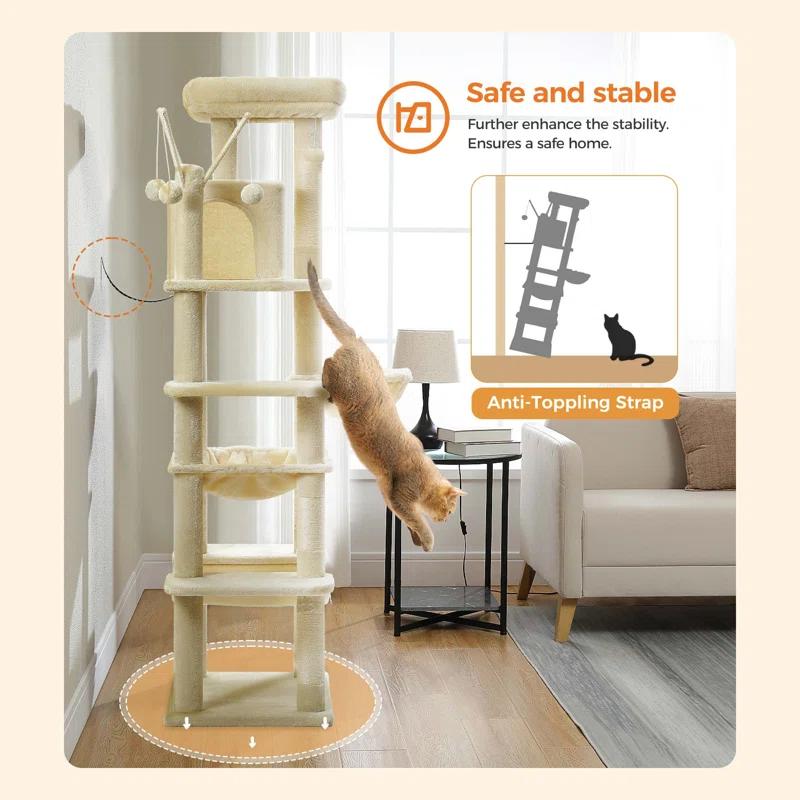 69" Tall Cat Tree Large Cat Tower With Super Big Hammock, Scratching Posts, Condo House And Large Top Perch