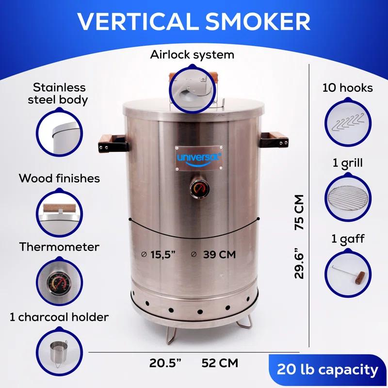 Universal Universal 20-Pound Stainless Steel (25-Servings) Charcoal Barrel Smoker With Thermometer & Airlock System - 20.5 X 29.6 X 15.5 Inch, 2 In 1 Vertical Grill And Smoker, Slow Cooking Barrel