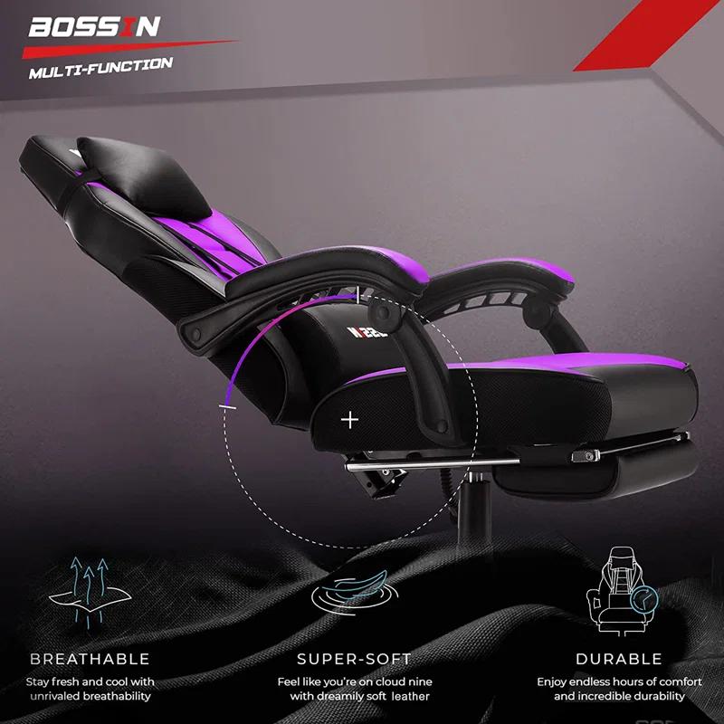 BOSSIN BOSSIN Adjustable Reclining Ergonomic Faux Leather Swiveling PC & Racing Game Chair with Footrest in Purple