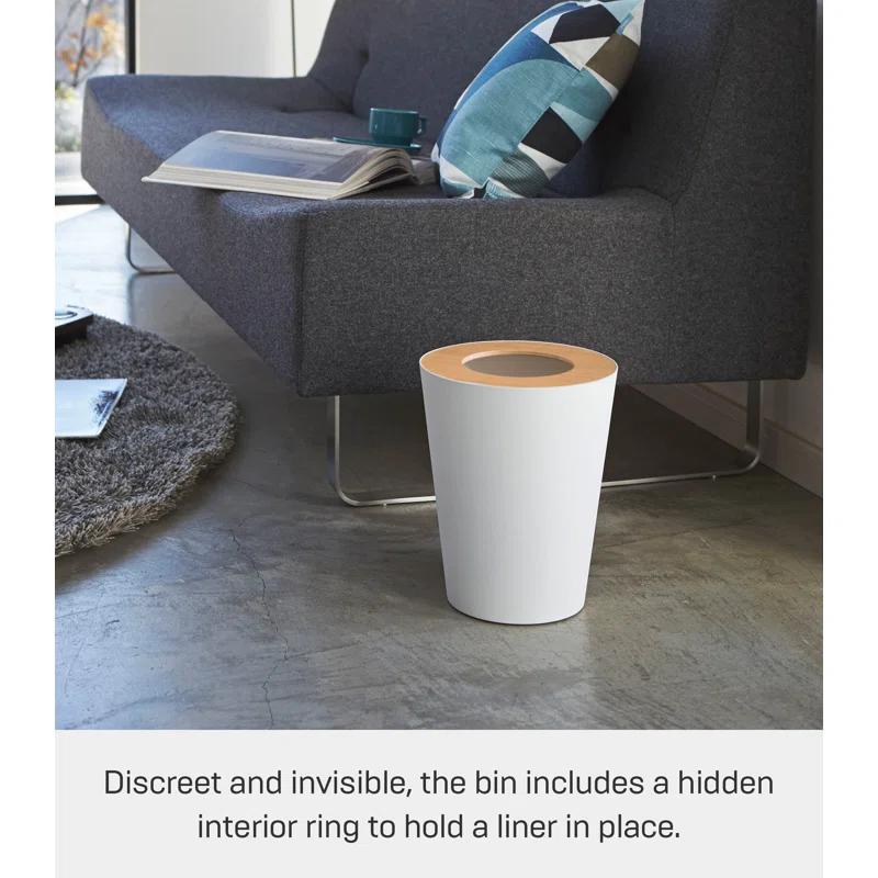 Rin Yamazaki Home Round Trash Can, 1.85 gallon Wastebasket Bathroom Kitchen Office, Steel + Wood