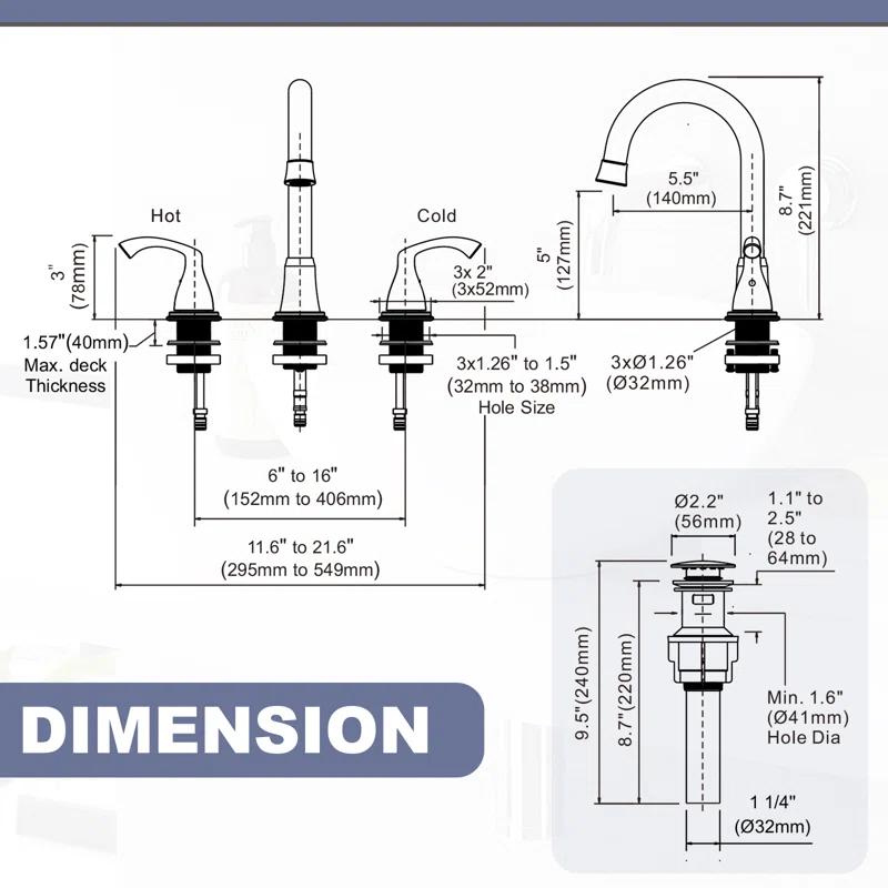 Widespread 2-handle Bathroom Faucet with Drain Assembly