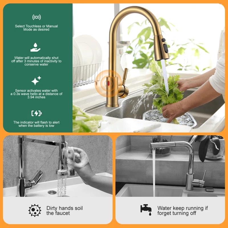 ARCORA AR7100301G-DC ARCORA Stainless Steel  Single Handle Pull-Down Sprayer Kitchen Faucet Set with Touchless Sensor