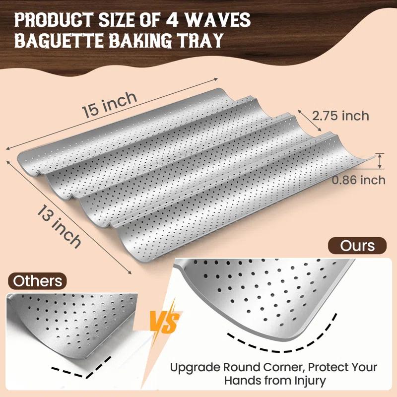 KAISHENGDAA Baguette Bread Pan, Premium Nonstick Perforated Baguette Pan For French Bread Baking, 4 Loaves Baguette Baking Tray For Sourdough, Italian Bread, Perfect For Creating Crisp Golden-Brown Crust
