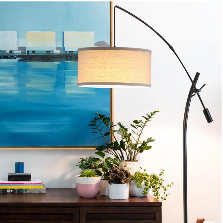 Brightech Grayson 84 in. Mid-Century Modern Height-Adjustable LED Arched Floor Lamp with Beige Fabric Drum Shade