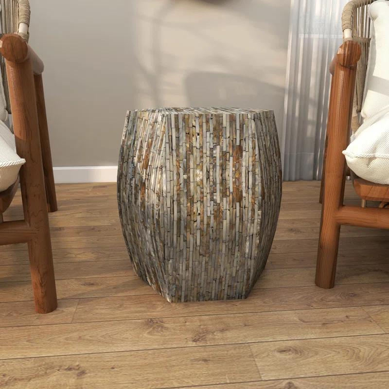 Wrought Studio™ Alissa Mother of Pearl Shell Handmade Shell Mosaic Hexagon Side End Gray Accent Table with Brown Accents