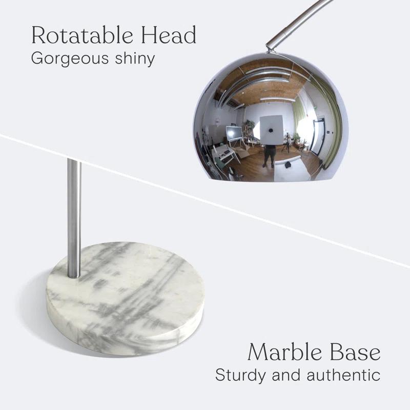 Brightech Olivia 75" Modern Industrial LED Arc Floor Lamp with Silver Chrome Finish, White Marble Base, and Metal Bowl Shade, Bulb Included