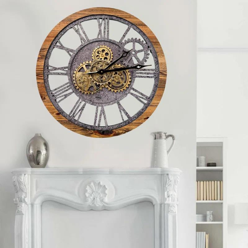 The Gears Clock Wall Clock 24" Round Oversized for Living Room decor with Real Moving Gears America Collection