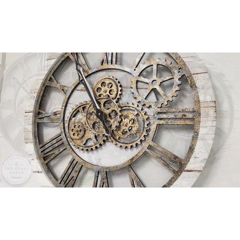 Wall Clock 24" Round Oversized for Living Room decor with Real Moving Gears America Collection