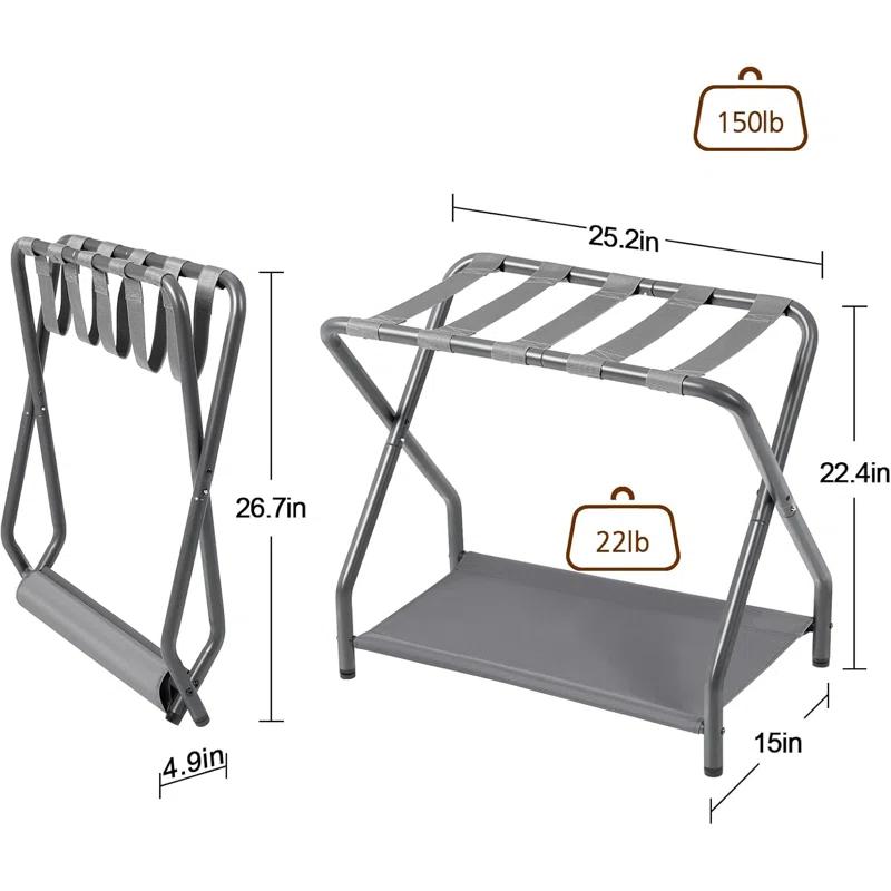 MEBROT Set Of 2, Foldable Suitcase Stands For Guest Room, Metal Luggage Holder With Storage Shelf For Bedroom, Hotel, Easy Assemble