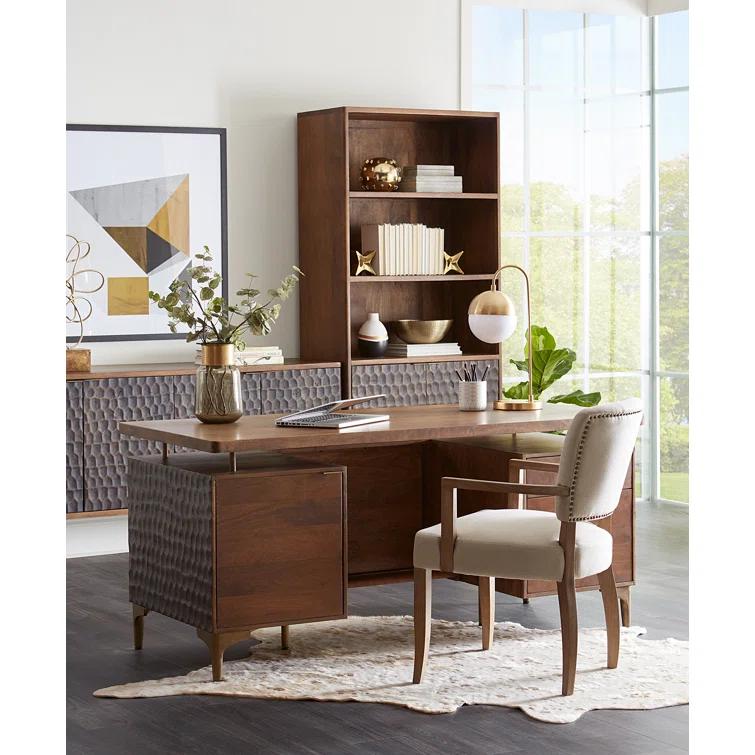 Raw Walnut Mango Wood Executive Desk with Circular Carved Accents
