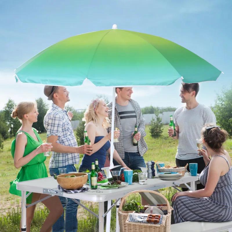 MUKE Folding Picnic Table with 2 Benches & Umbrella, Mesh Net for Outdoor, Patio, Lawn, & Backyard