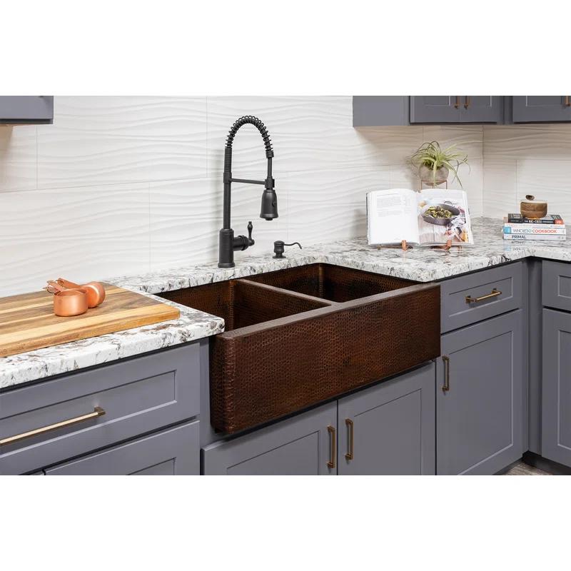 Premier Copper Products KA50DB33229 33" Hammered Copper Apron Front 50/50 Double Basin Kitchen Sink