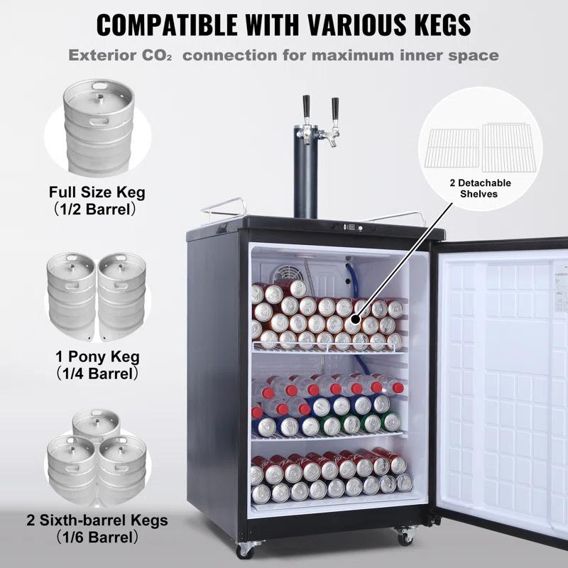 VEVOR VEVOR 5.7 Cubic Feet Silver Dual Tap Freestanding Kegerator with Adjustable Temperature