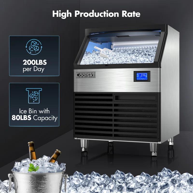Coolski Coolski Commercial Ice Machine 200 Daily Production, Under Counter Ice Maker with Ice Bin LED Lighting, ETL Approved