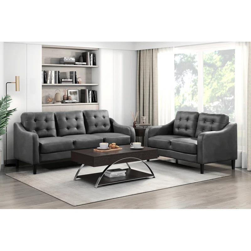 Lark Manor™ Gray Polished Microfiber Upholstered 1Pc Sofa Button Tufted Contoured Arms Solid Wood Frame Couch Casual Living Room Furniture