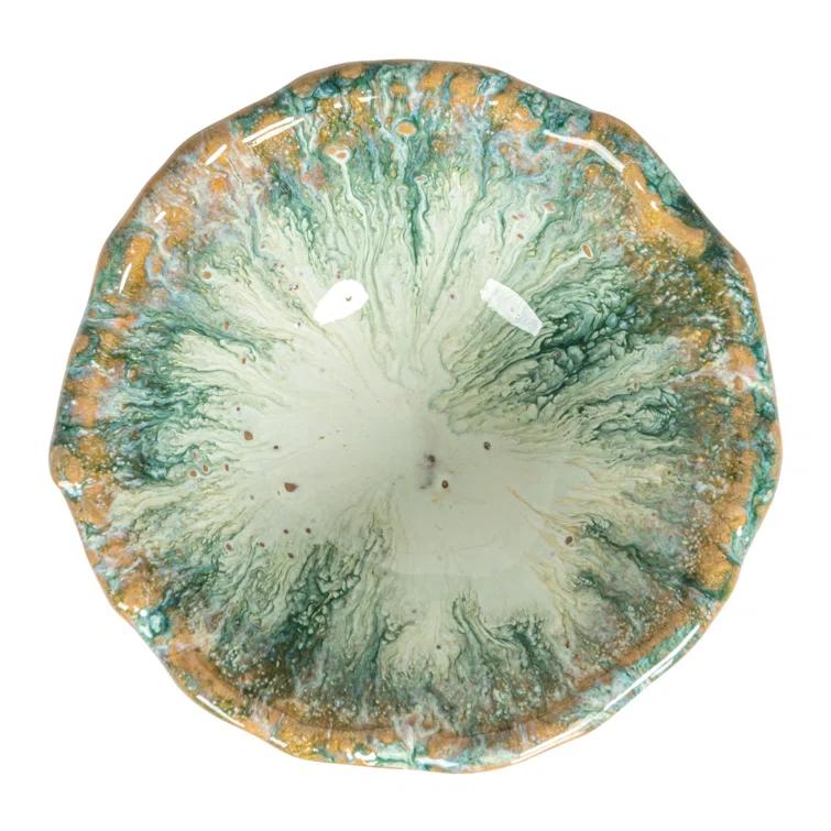 Green and Brown Speckled Stoneware Bowl with Stand