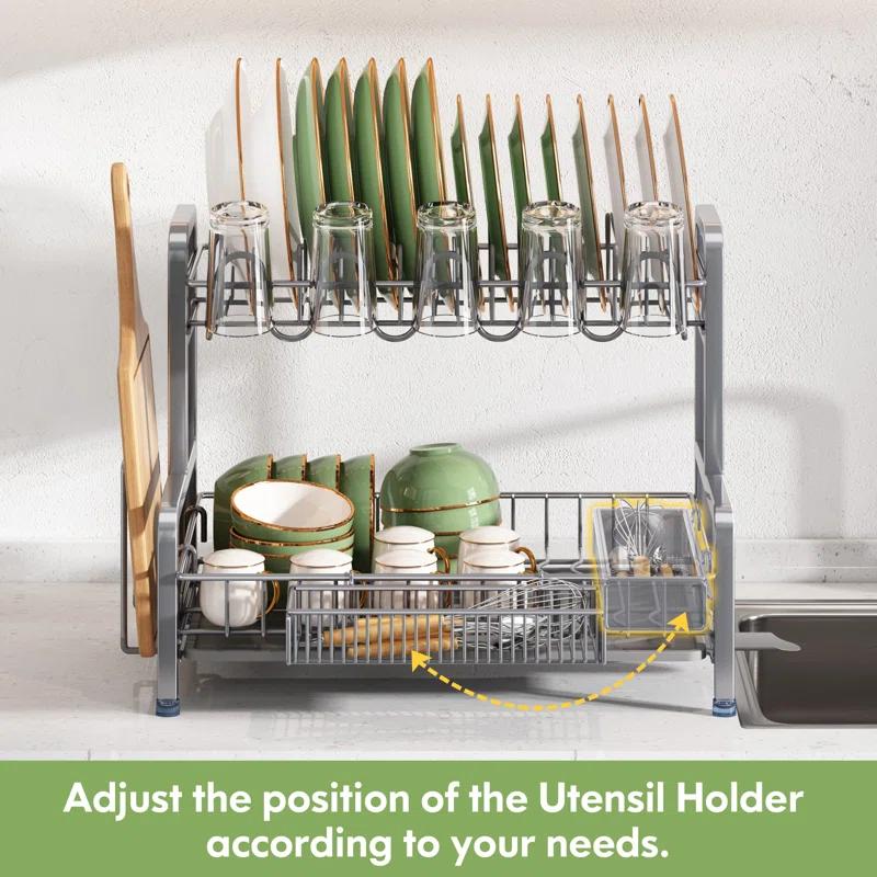 EDGAR'S FURNITURE MANUFACTURING INC Dish Drying Rack And Drainboard Set, 2 Tier Stainless Steel Dish Rack For Kitchen Counter, Large Dish Strainer Organizers With Cups Holder, Utensil Holder