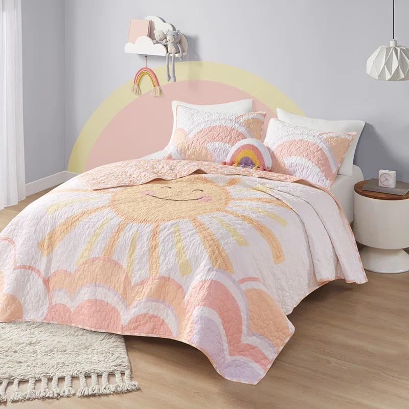 Intelligent Design Kids Dawn Sunshine Clouds Yellow/Coral 100% Cotton Reversible Quilt Set Twin
