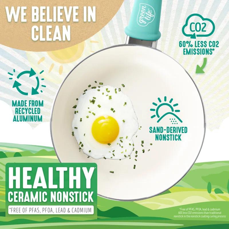 GreenLife GreenLife Soft Grip Healthy Ceramic Nonstick, 1QT And 2QT Saucepan Pot Set With Lids, Dishwasher Safe