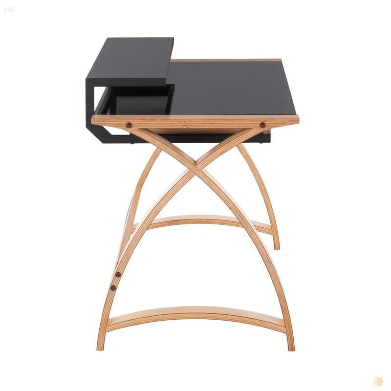 George Oliver Bentley Mid-Century Modern Office Desk In Natural Wood And Black Glass By Lumisource