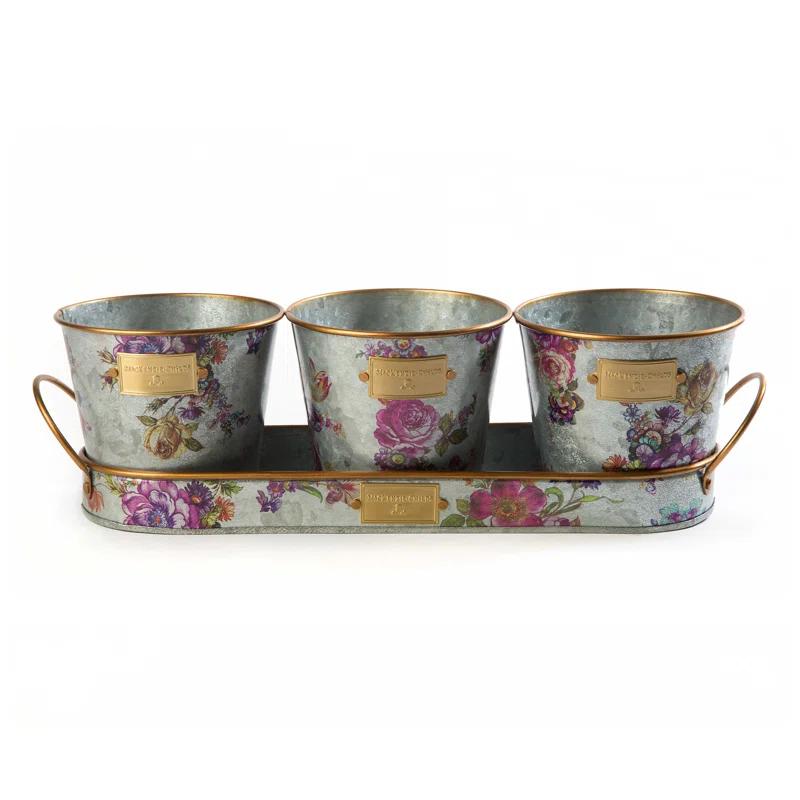 MacKenzie-Childs Flower Market Galvanized Herb Pots With Tray, Set Of 3