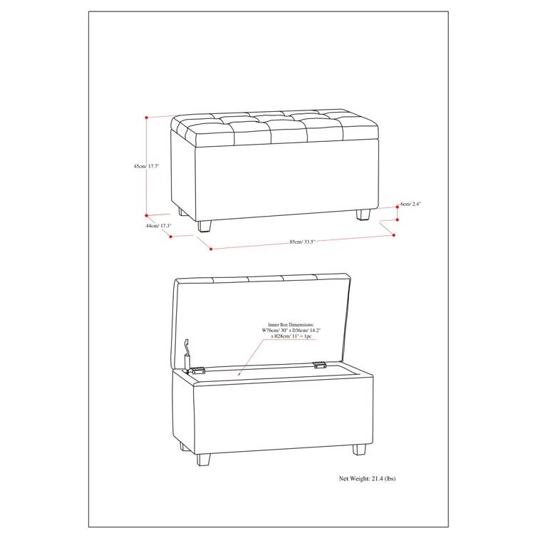 Simpli Home Cosmopolitan 34"W Upholstered Storage Ottoman with Tufted Design and Large Interior Storage