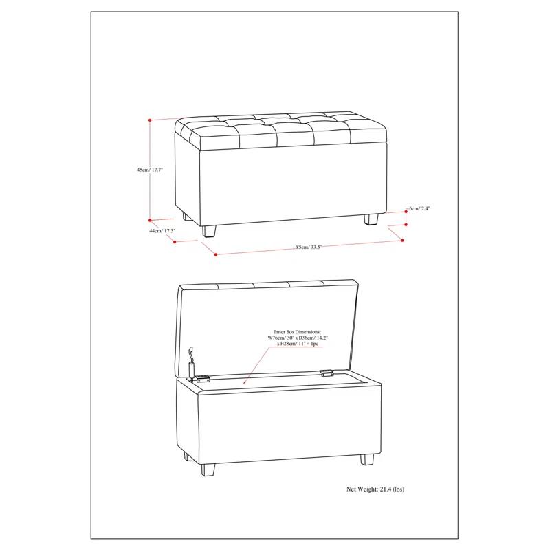 Simpli Home Cosmopolitan 34"W Upholstered Storage Ottoman with Tufted Design and Large Interior Storage
