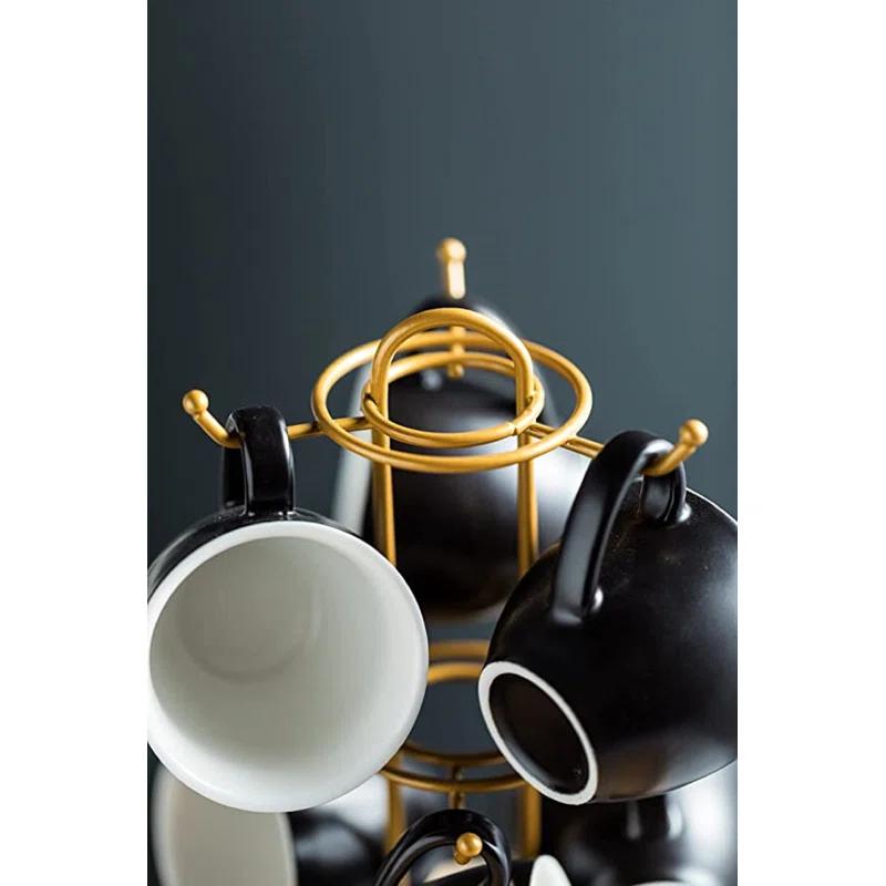 QXXSJ 3 Ounces Espresso Cups With Saucers Set, Porcelain Latte Cups And Metal Stand Demitasse Cups For Espresso, Latte, Cafe Mocha, Cappuccino And Tea, Set Of 6, Black