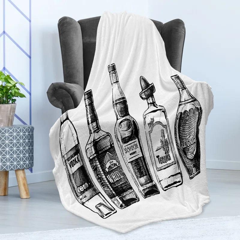 Ambesonne Ambesonne Alcohol Fleece Throw Blanket Ink Drawing Beverages Black and White