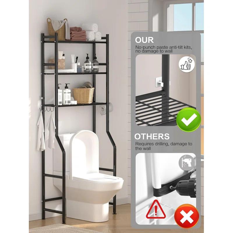 3-Tier Over The Toilet Storage, Space Saver Metal Bathroom Shelves, Freestanding Above Over Toilet Storage Shelf With 4 Hooks For Bathroom, Black