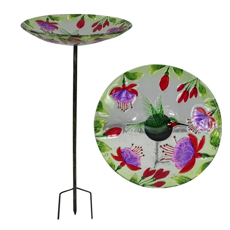 Alpine Glass Stake Bird Bath with Flowers and Hummingbird | Wayfair