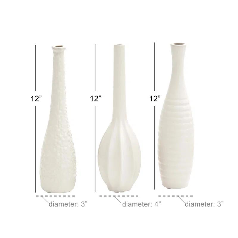 Ceramic Slim Textured Bottleneck Decorative Vase with Varying Patterns Set
