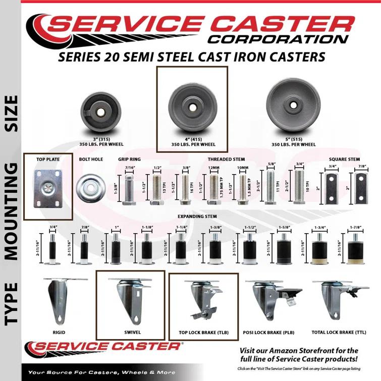 Service Caster Semi Steel Cast Iron Wheel Swivel Top Plate Caster with Brake